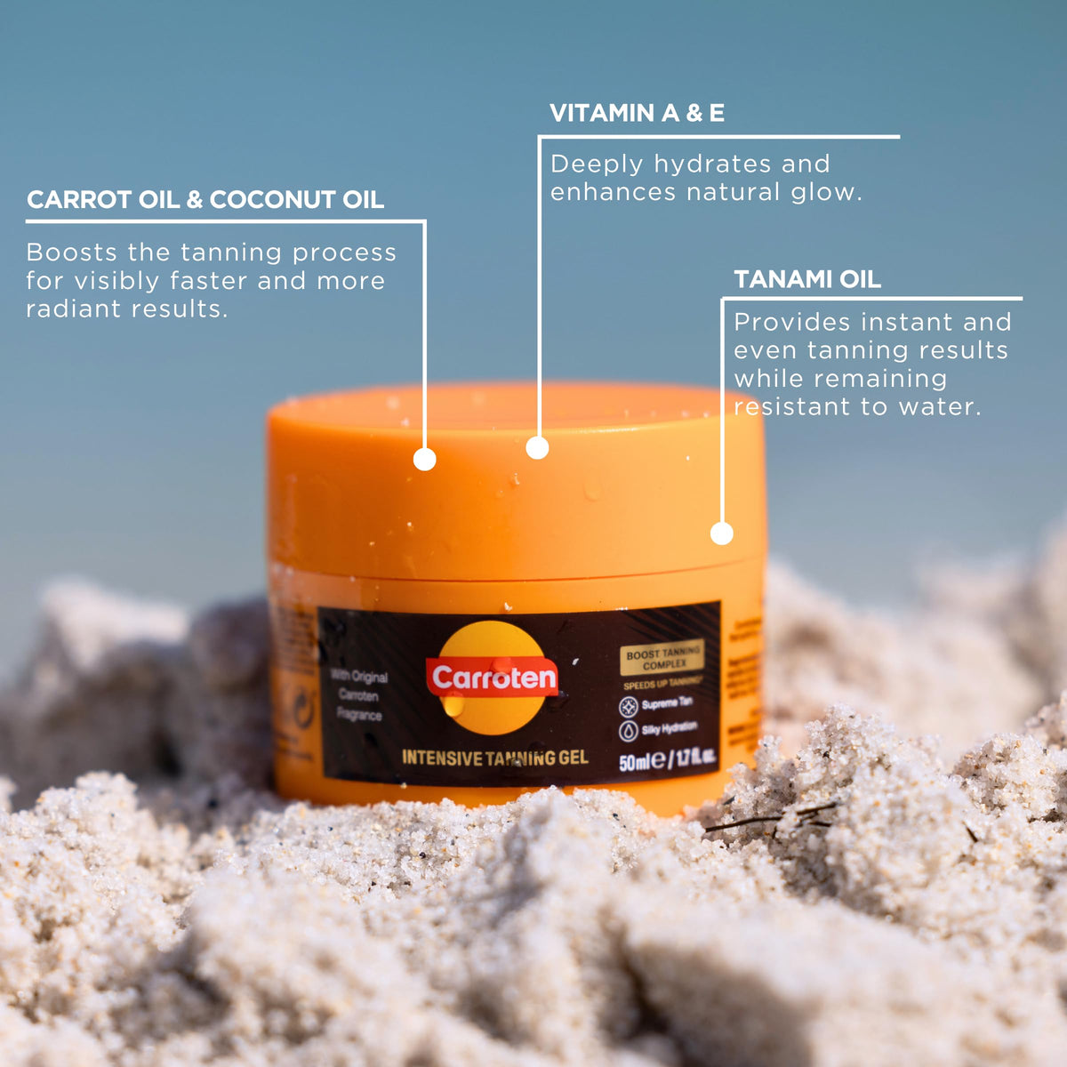 Carroten gold shimmer gel with bronzing pearls for subtle glow.