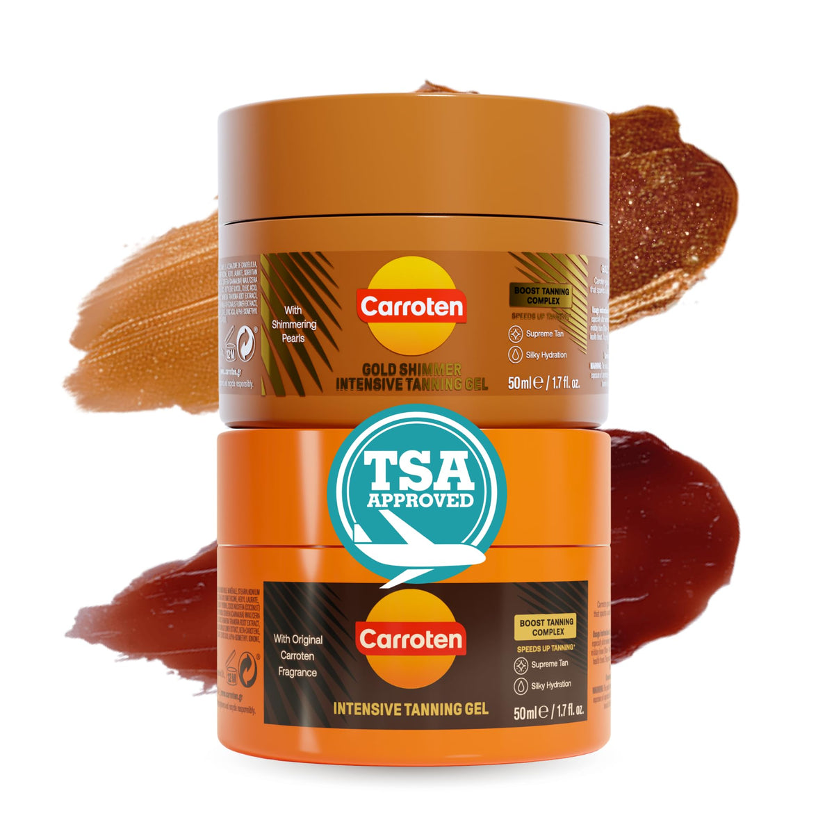 Carroten travel-size tanning set packaging ideal for vacation prep.