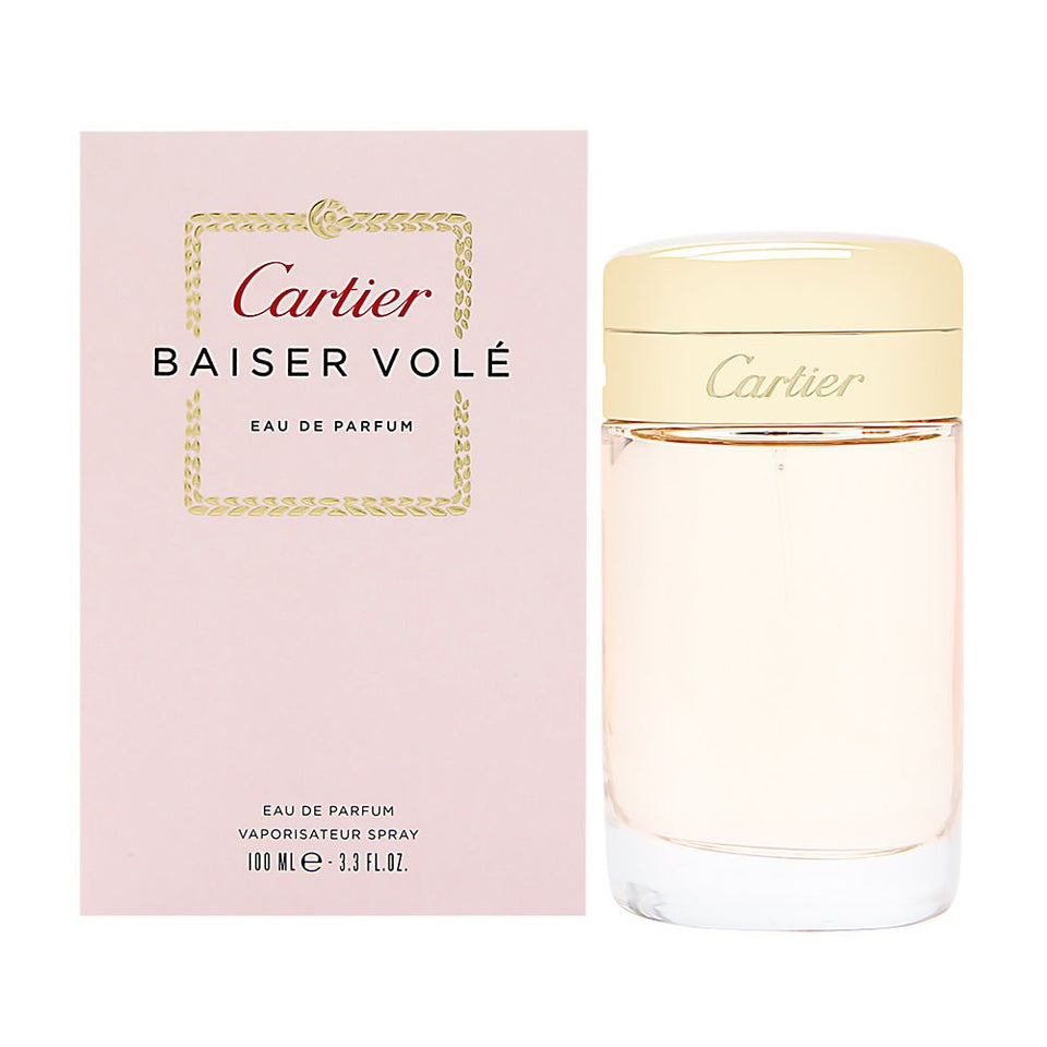 Cartier Baiser Volé bottle close-up, a long-lasting floral fragrance for special occasions.