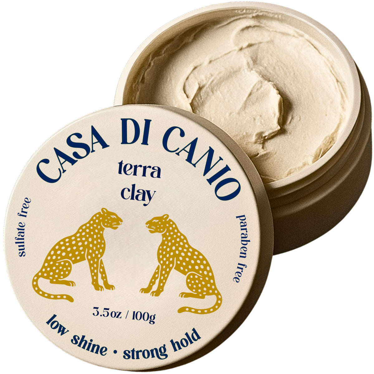 Casa Di Canio Terra Clay jar closeup shows unscented formula for natural matte hold.