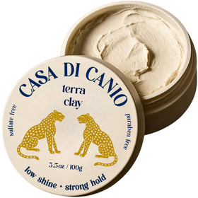 Casa Di Canio Terra Clay jar closeup shows unscented formula for natural matte hold.