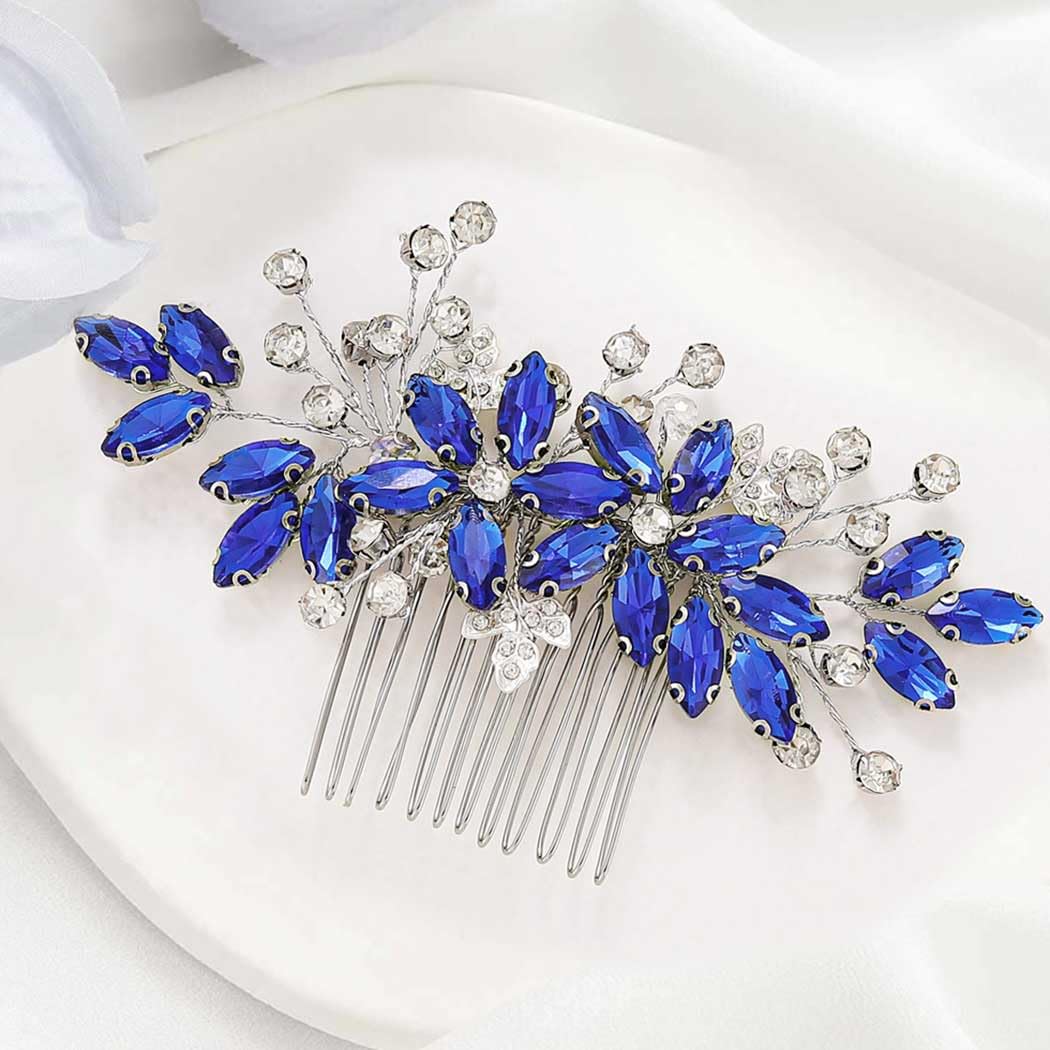 CASDRE crystal bride hair comb with silver leaf side detail enhances a radiant wedding updo