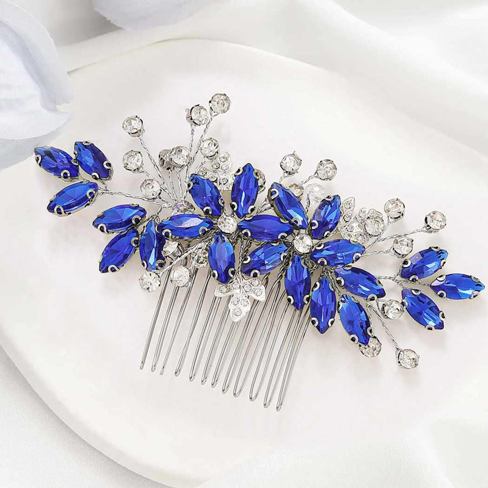 CASDRE crystal bride hair comb with silver leaf side detail enhances a radiant wedding updo