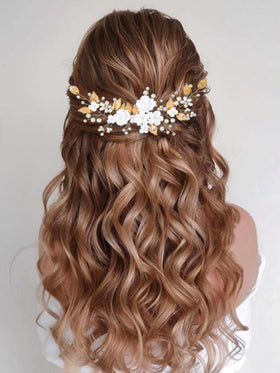 CASDRE flower-bride-hair-vine with pearls enhances the classic bridal look for ceremonies.