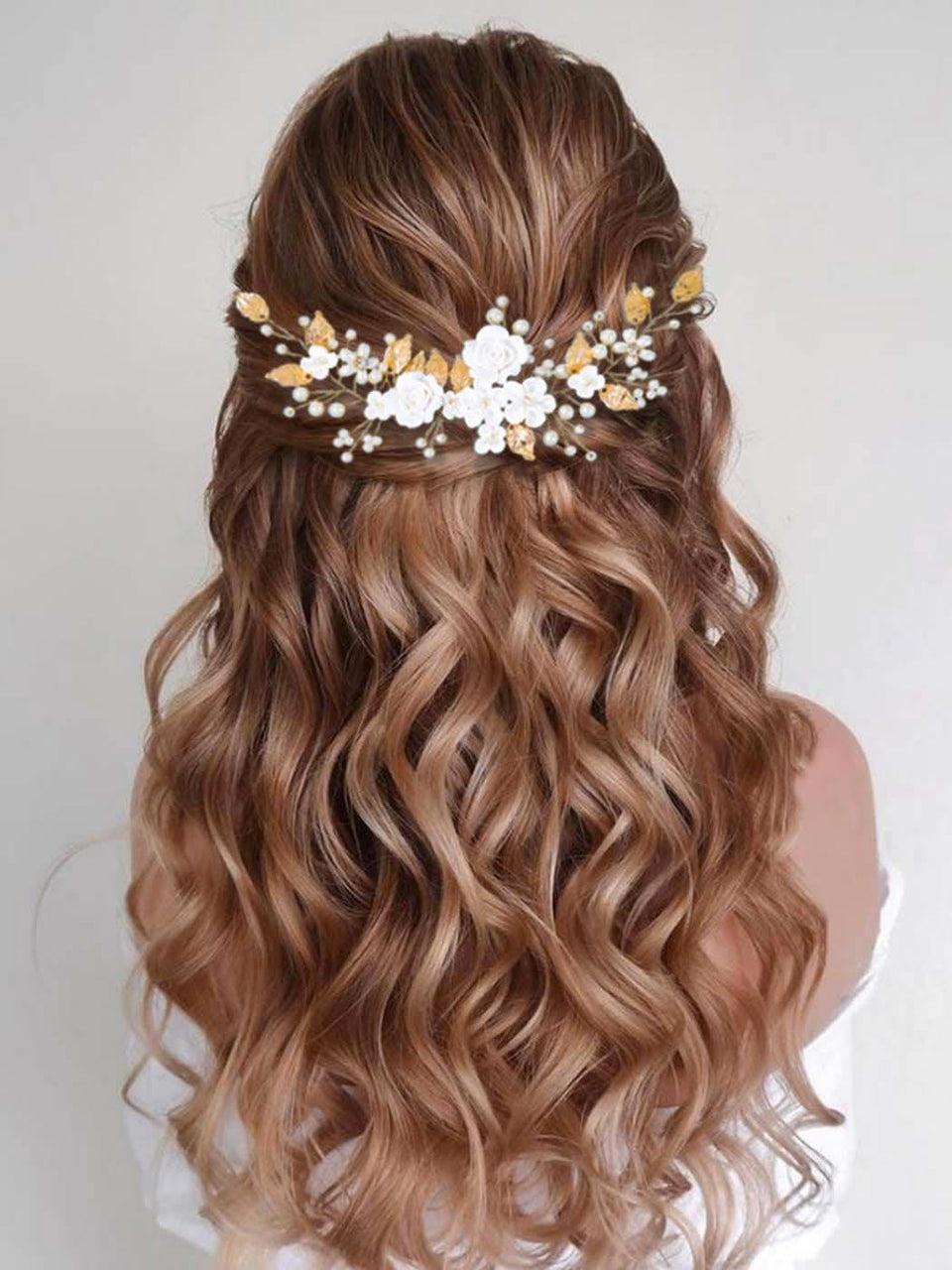 CASDRE flower-bride-hair-vine with pearls enhances the classic bridal look for ceremonies.