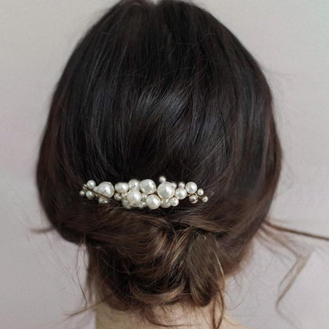 CASDRE pearl bridal comb, close-up pearl details, enhances classic wedding elegance