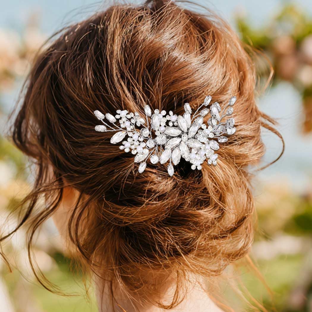 CASDRE silver rhinestone pearl hair clip front view with timeless elegance