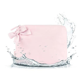 Case-Mate crinkle bow makeup bag in ballet pink for travel organization.
