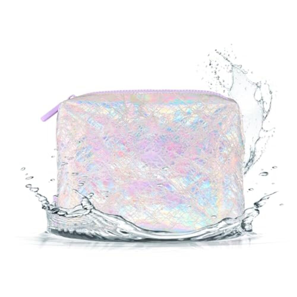 Casemate Soap Bubble Crinkle Makeup Bag in iridescent finish, ideal for beach-ready organization.