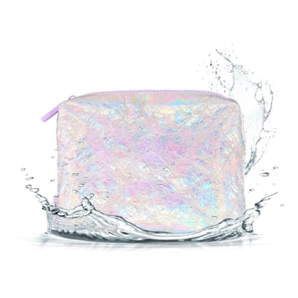 Casemate Soap Bubble Crinkle Makeup Bag in iridescent finish, ideal for beach-ready organization.