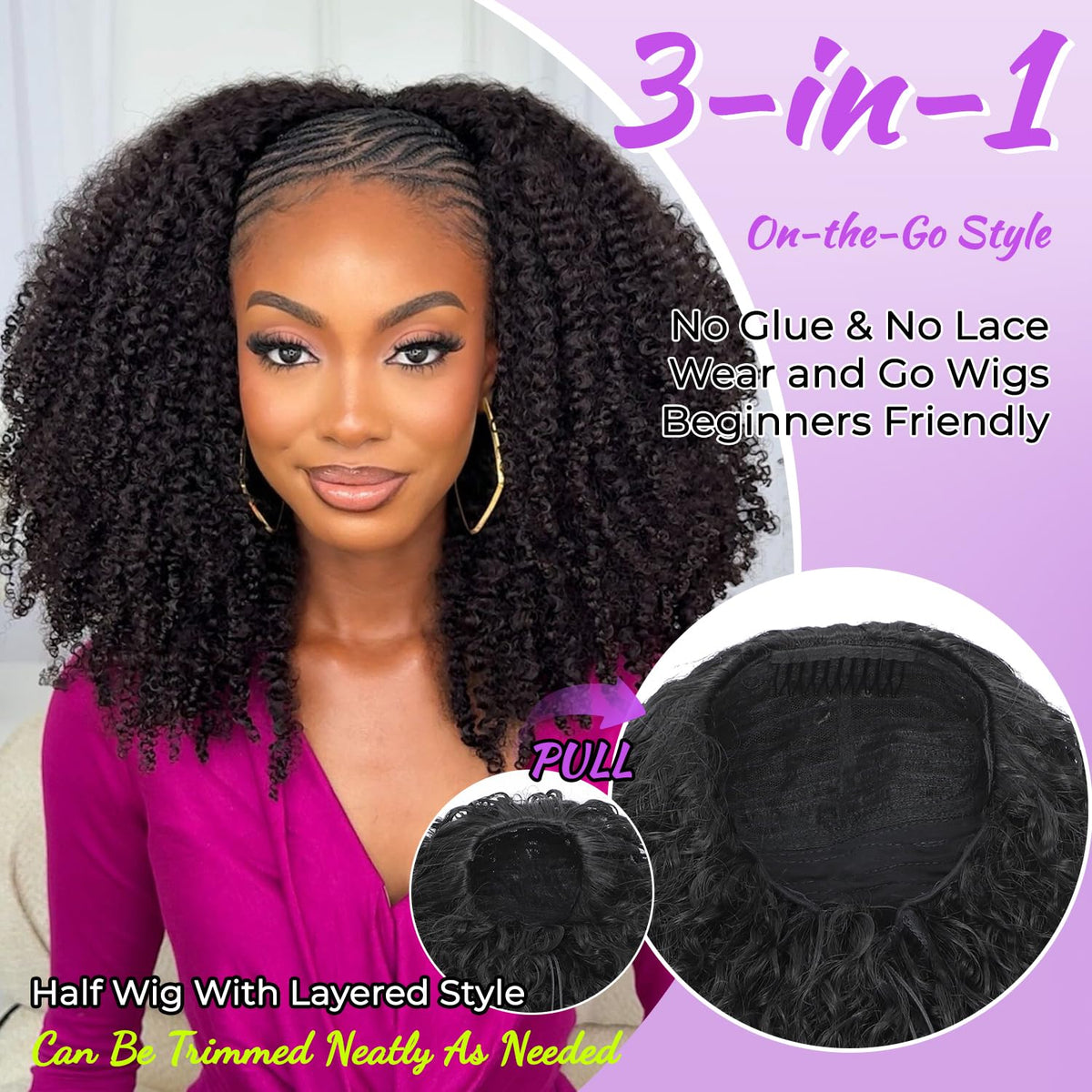 CASSIELAA half wig headband option provides instant glam without adhesives.