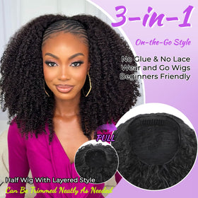CASSIELAA half wig headband option provides instant glam without adhesives.