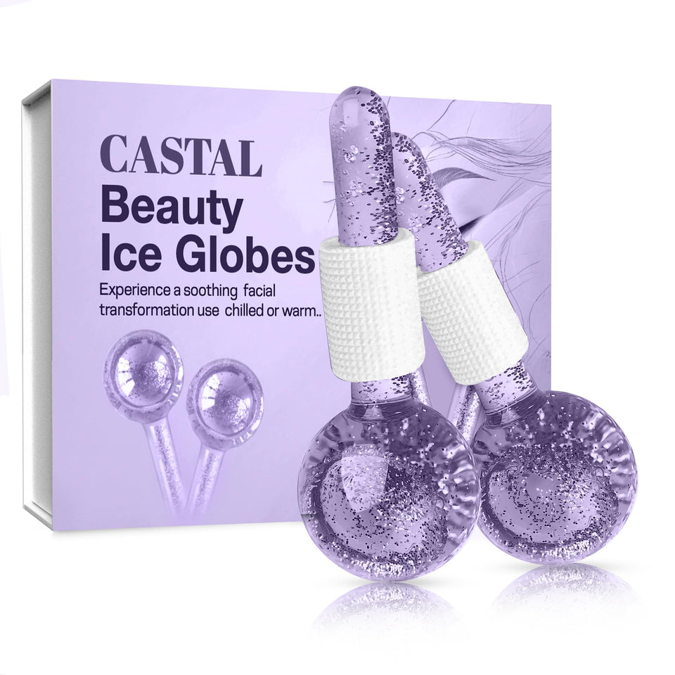 Castal Blue Ice Globes for Face 2pc shown in freezer cooling for puffiness