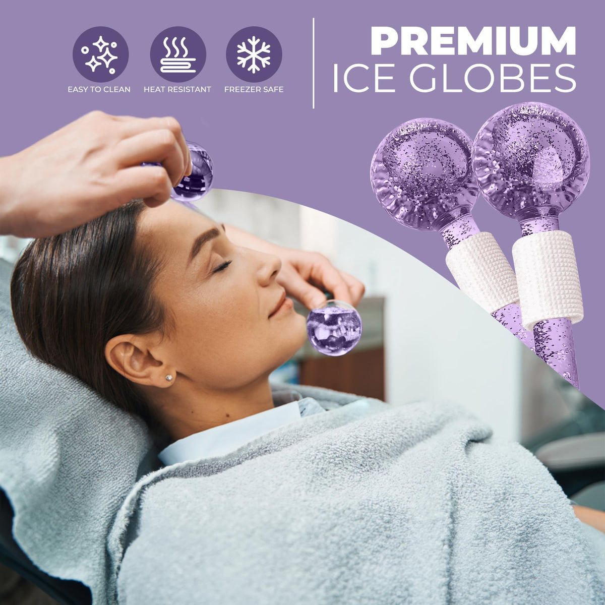 Castal Blue Ice Globes with silicone grips for comfortable facial massage