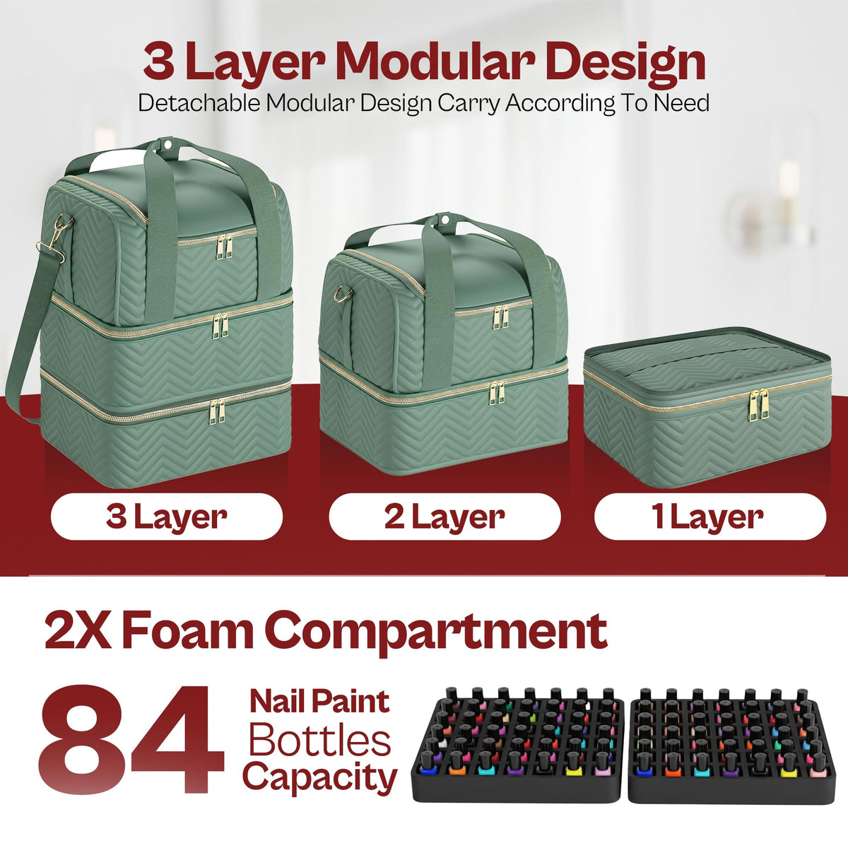 Detachable bottom layer shown for lighter travel and flexible capacity