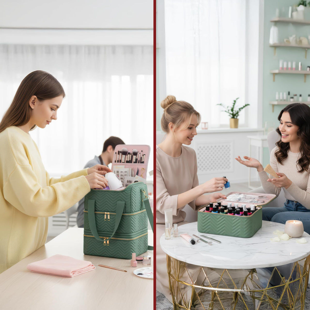 Interior dividers and sponge slots keep polishes upright and protected