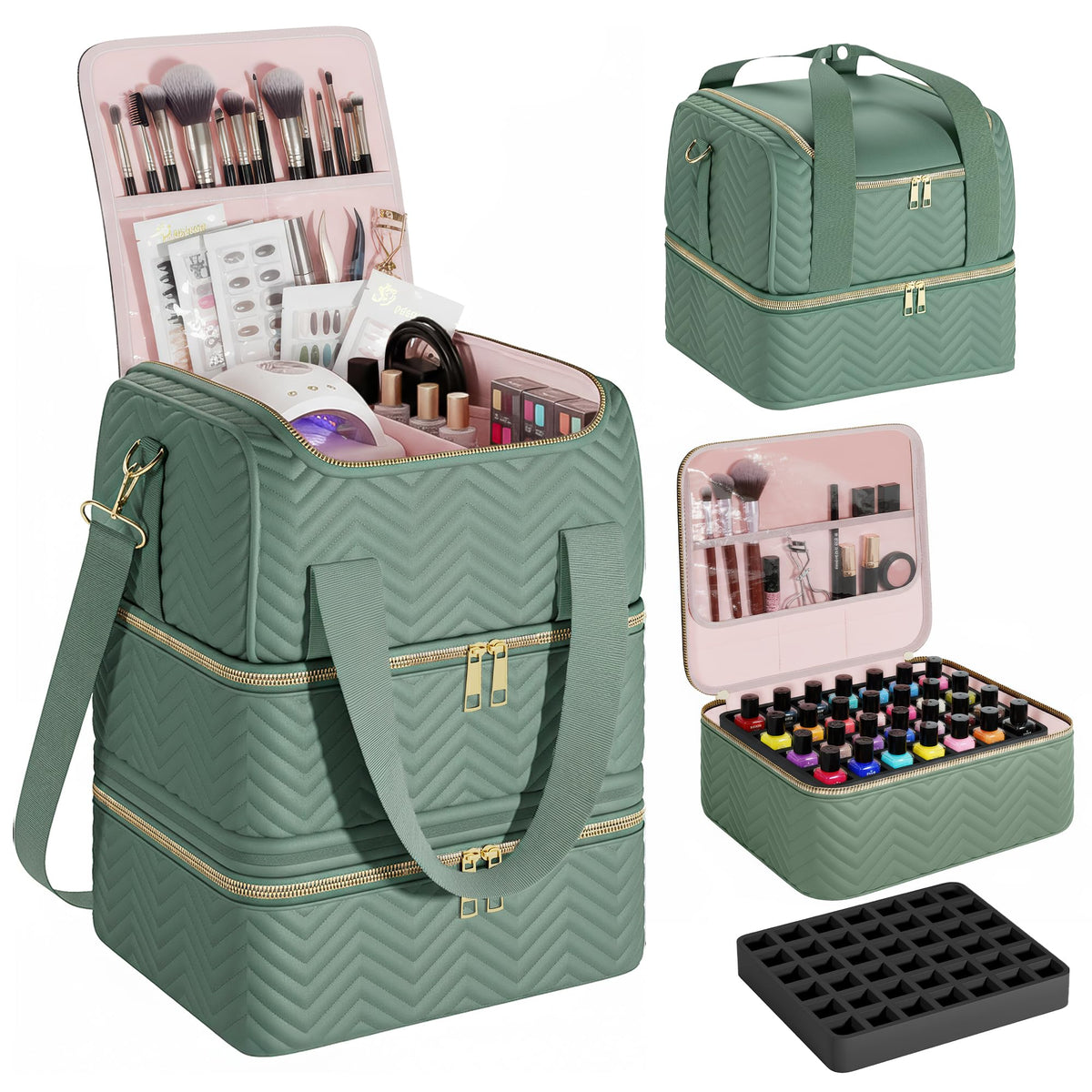Castal teal embroidery and gold zippers add elegance to professional nail kits