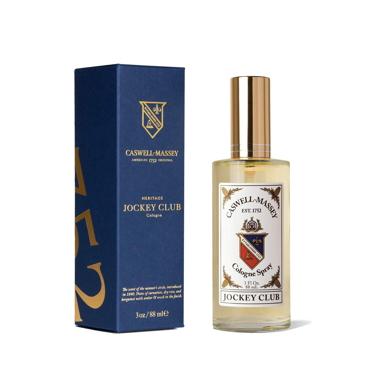 Caswell-Massey Jockey Club bottle front view, amber-bergamot notes for everyday refined scent.