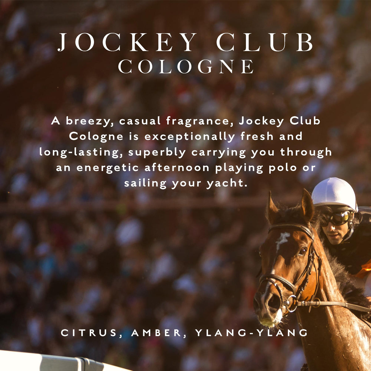 Caswell-Massey Jockey Club spray action, fresh citrus opening for versatile daytime wear.