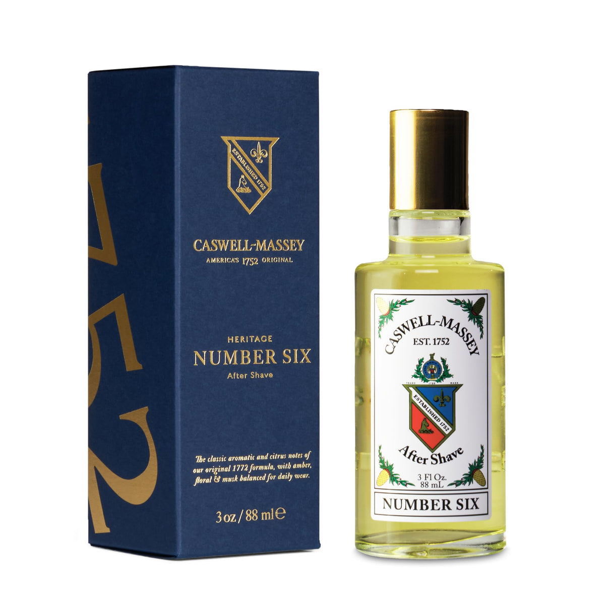 Caswell-Massey Number Six gold-cap bottle aftershave for refreshed skin after shaving.