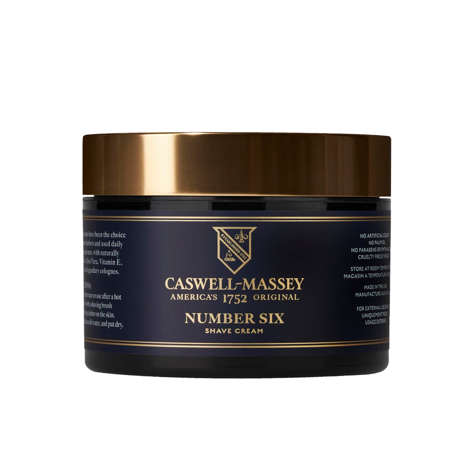 Caswell-Massey Number Six shave cream bottle shows historic fragrance for a refined shave.