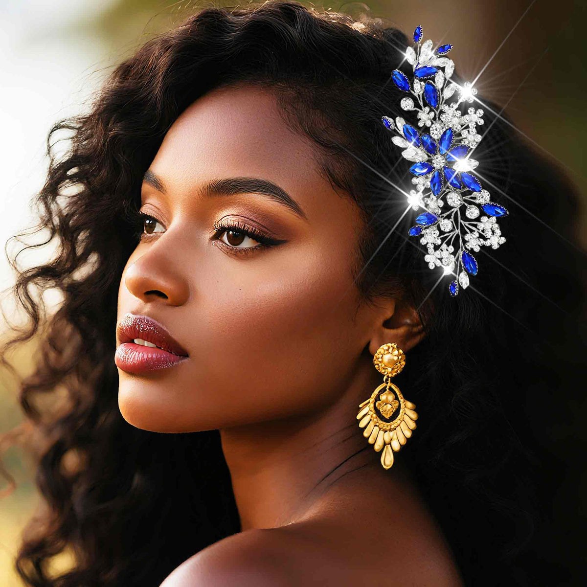 Catery blue rhinestone bridal hair comb close-up highlights crystals and branches for versatile styling