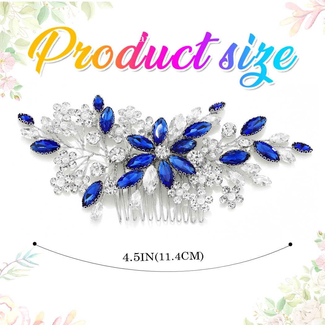 Catery blue rhinestone bridal hair comb flower design detail emphasizes graceful elegance