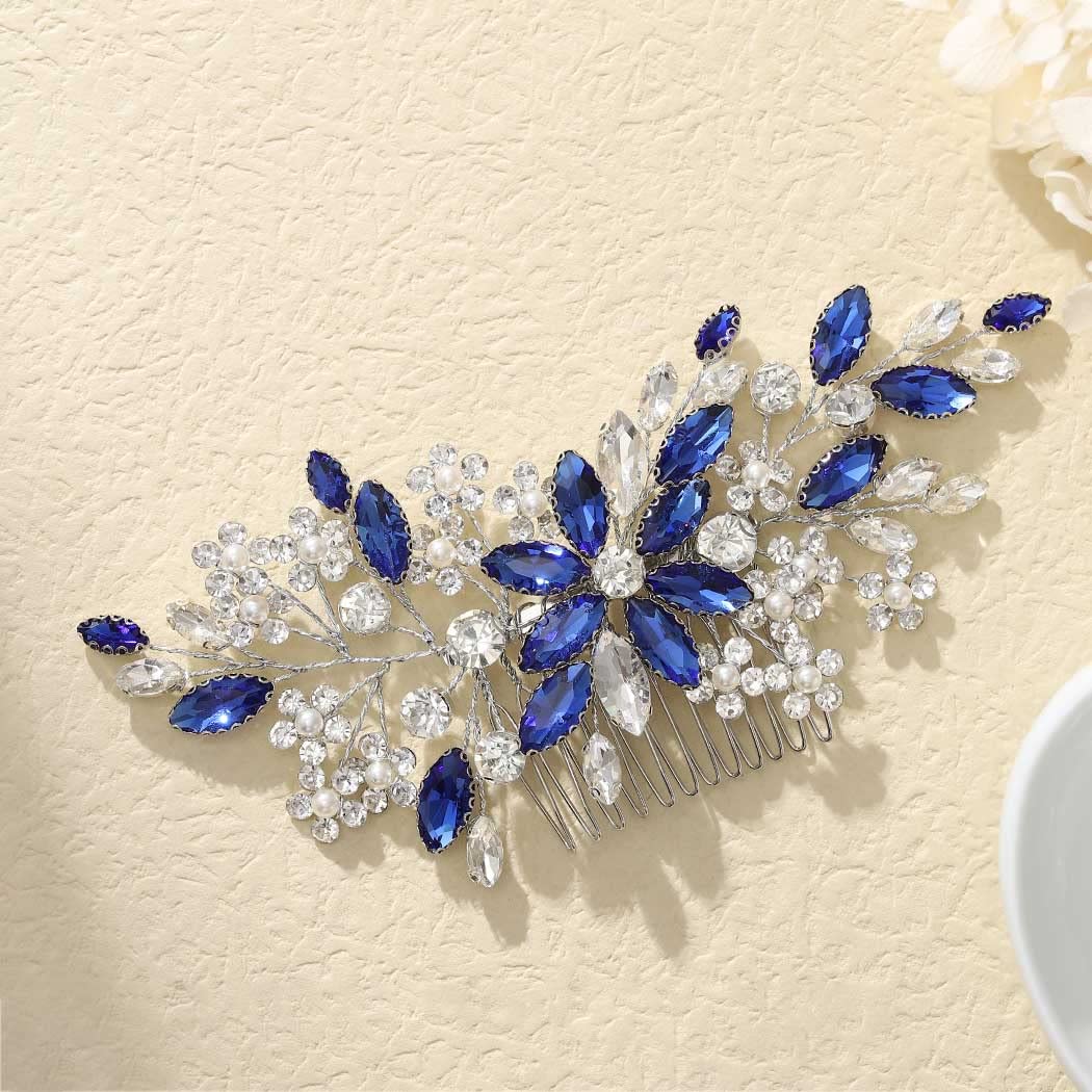 Catery blue rhinestone bridal hair comb front view with crystal and flower detail for radiant wedding aesthetics