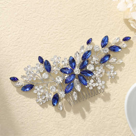 Catery blue rhinestone bridal hair comb front view with crystal and flower detail for radiant wedding aesthetics