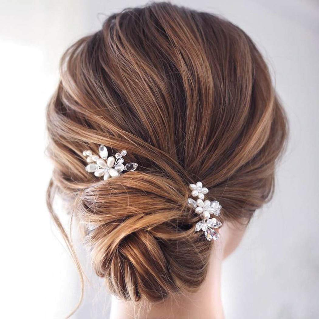 Catery flower bridal hair pin in silver with pearl and crystal beads.