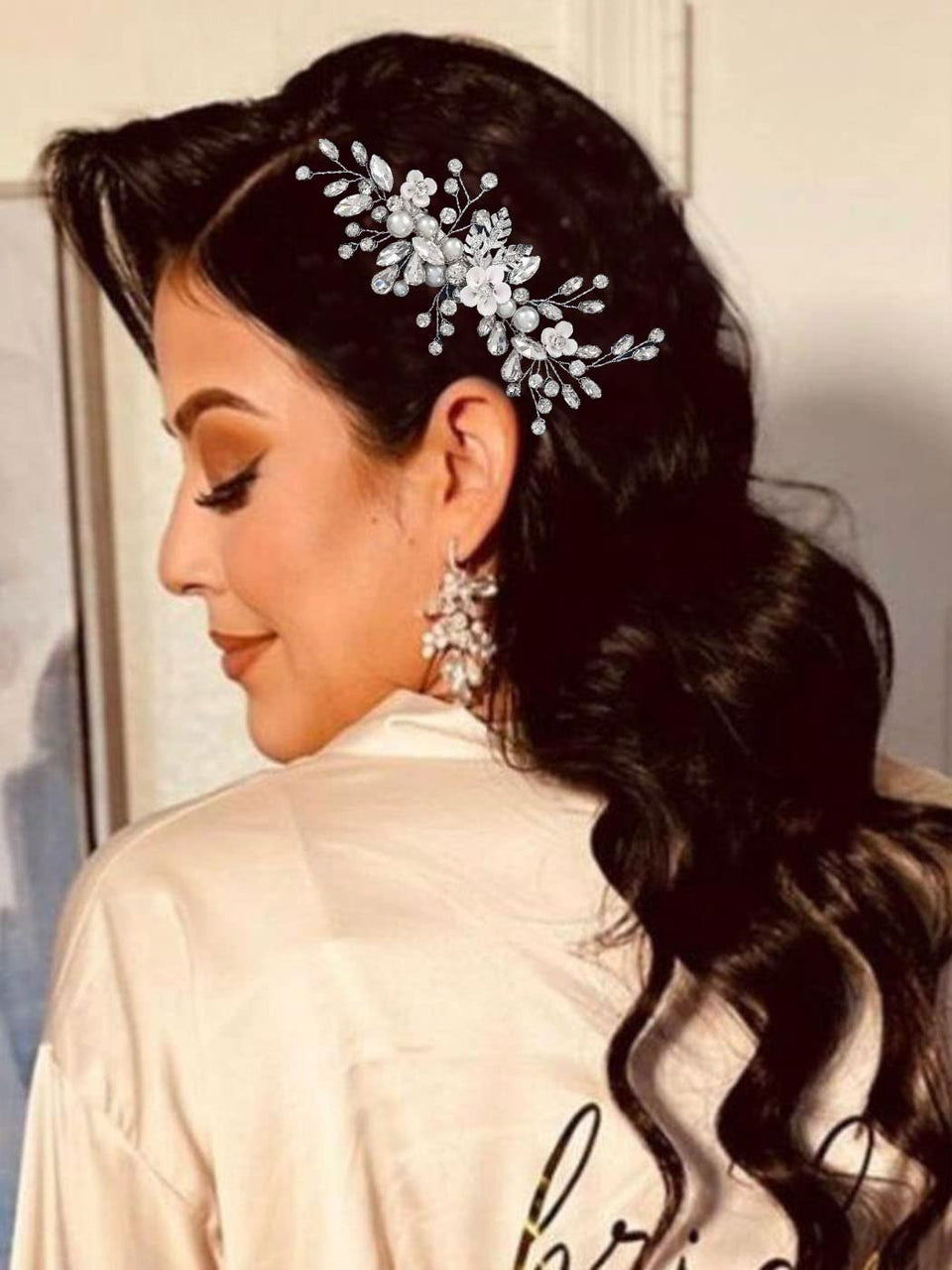 Catery rhinestone hair clip with silver flower for secure bridal styling