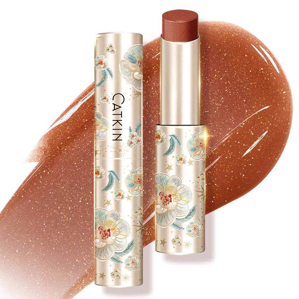Catkin glossy lip balm tube close-up delivers radiant shine for hydrated lips.