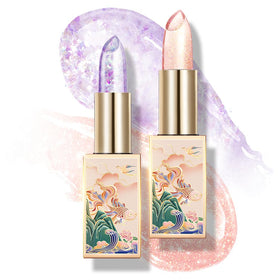 Catkin lip balm color-changing tube close-up showing adaptive glow on lips.