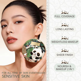 Catkin Panda Land cushion close-up shows Hyaluronic acid serum infusion for hydrated skin.