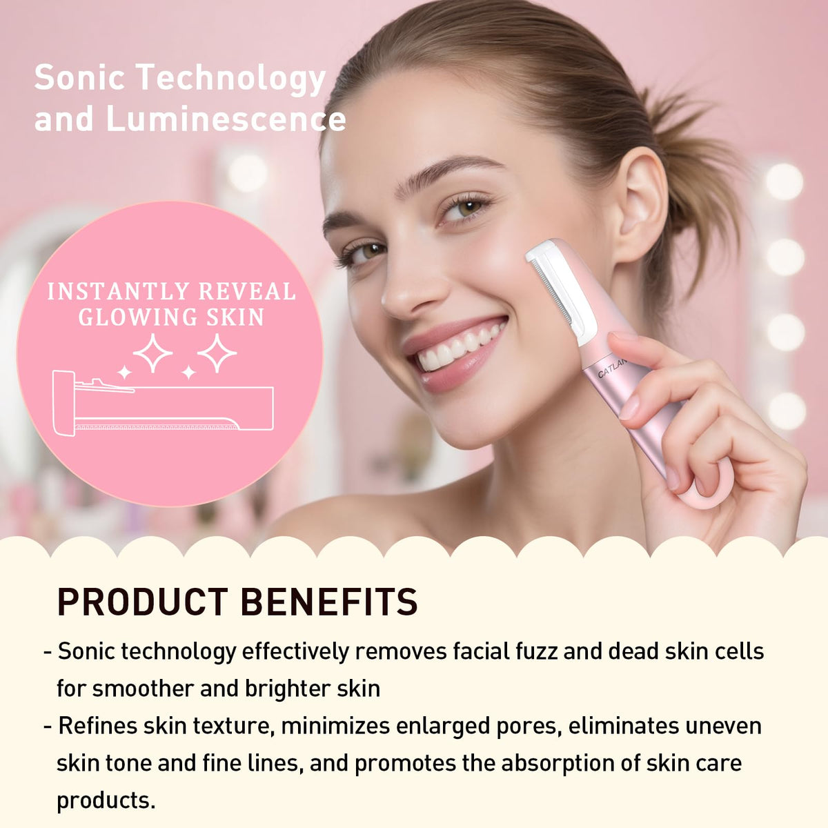 CATLANE Dermaplane razor using sonic vibration for comfortable facial exfoliation.