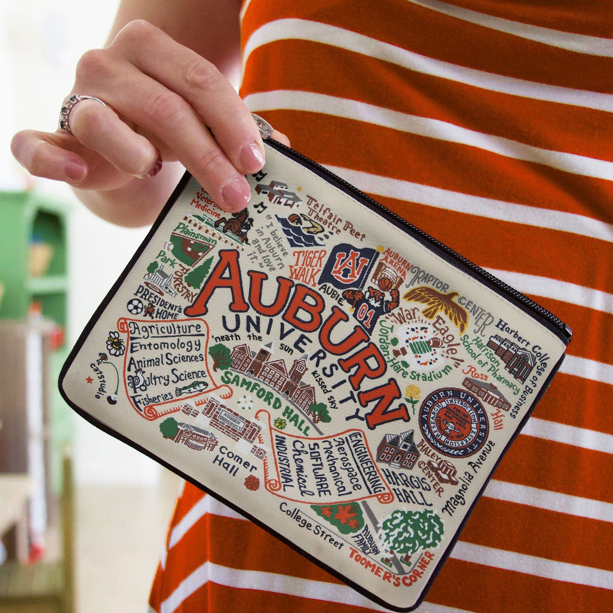 Catstudio Auburn University zipper pouch interior, organized for makeup brushes and small tools.