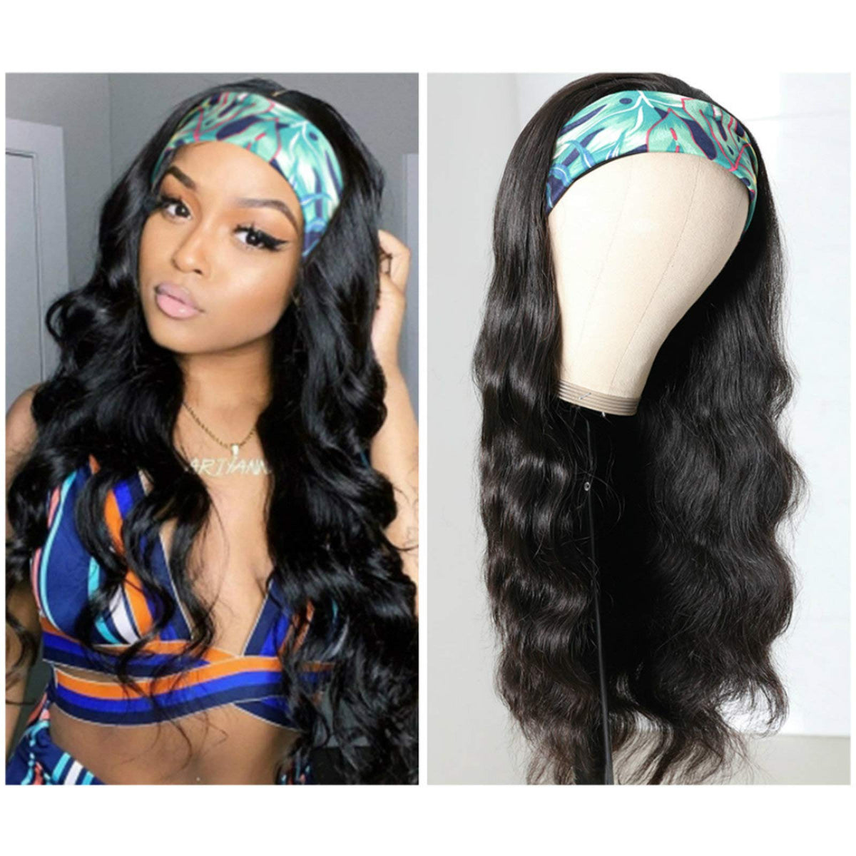 Catti body wave headband wig close-up showing natural texture for quick styling
