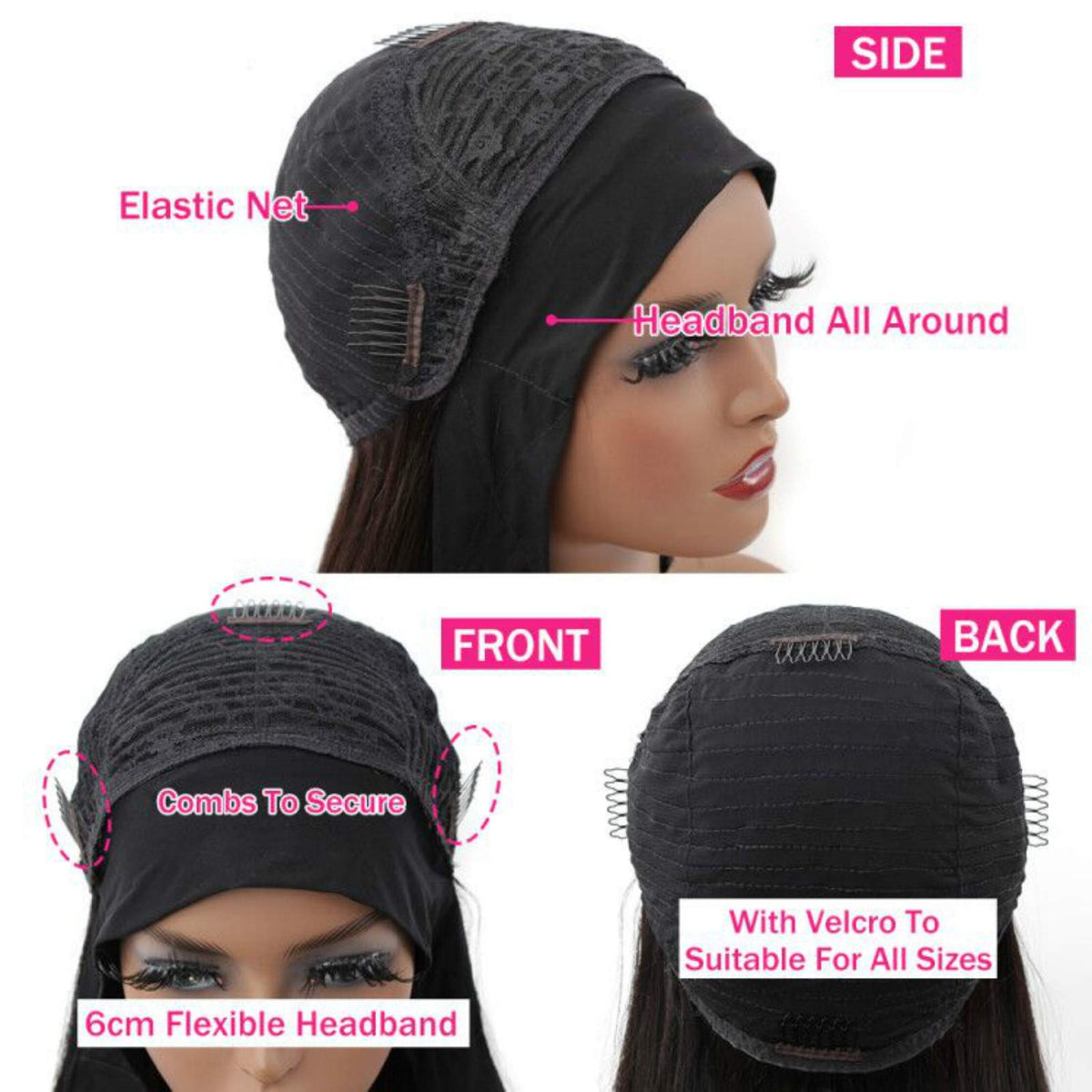 Catti headband wig breathable cap with four combs for secure fit.