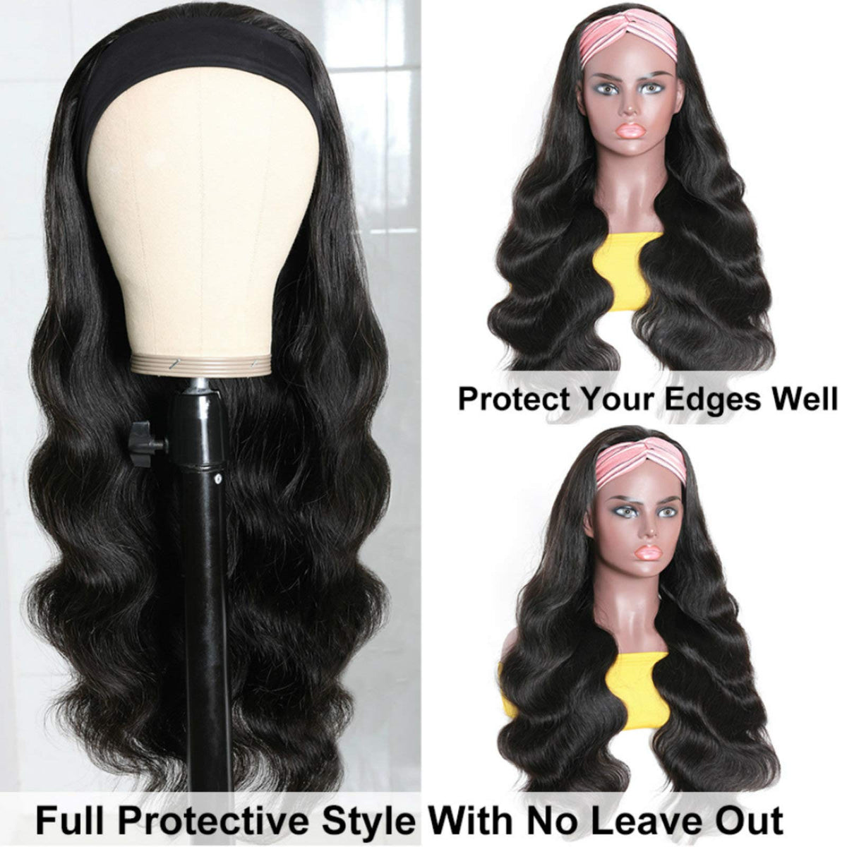 Catti headband wig top view reveals 150% density for full-bodied look.