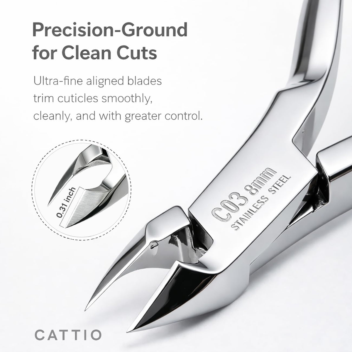 Cattio cuticle trimmer blade close-up showing sharp, rust-resistant edge.