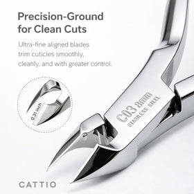 Cattio cuticle trimmer blade close-up showing sharp, rust-resistant edge.