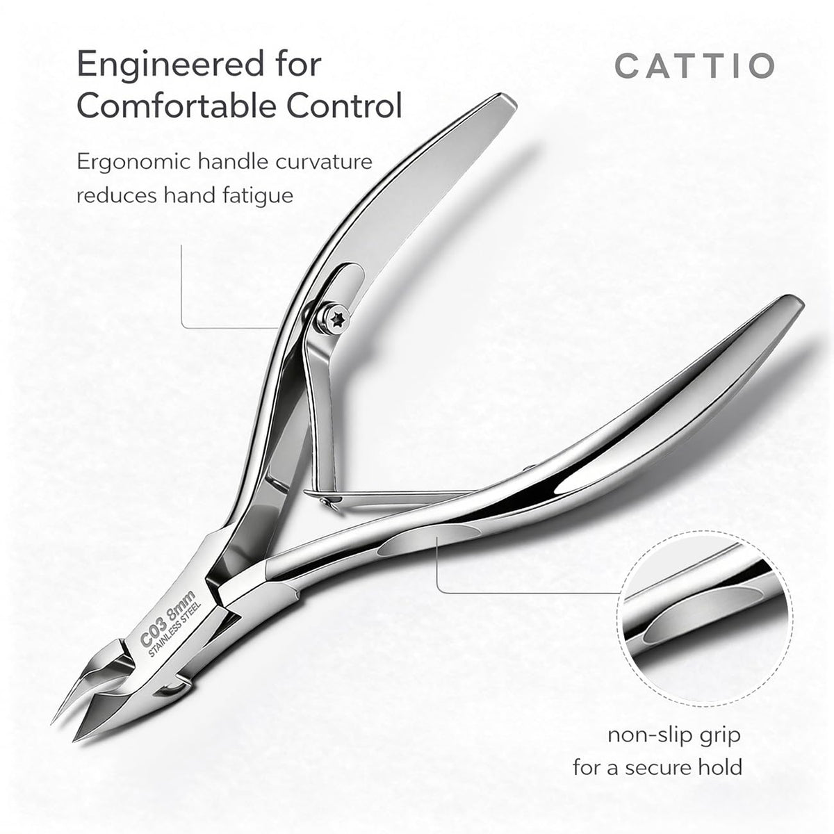 Cattio cuticle trimmer ergonomic handle in use for comfortable trimming.