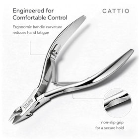 Cattio cuticle trimmer ergonomic handle in use for comfortable trimming.