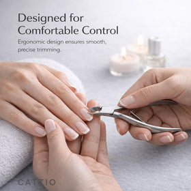 Cattio cuticle trimmer in use on nails showing clean cuticle removal.