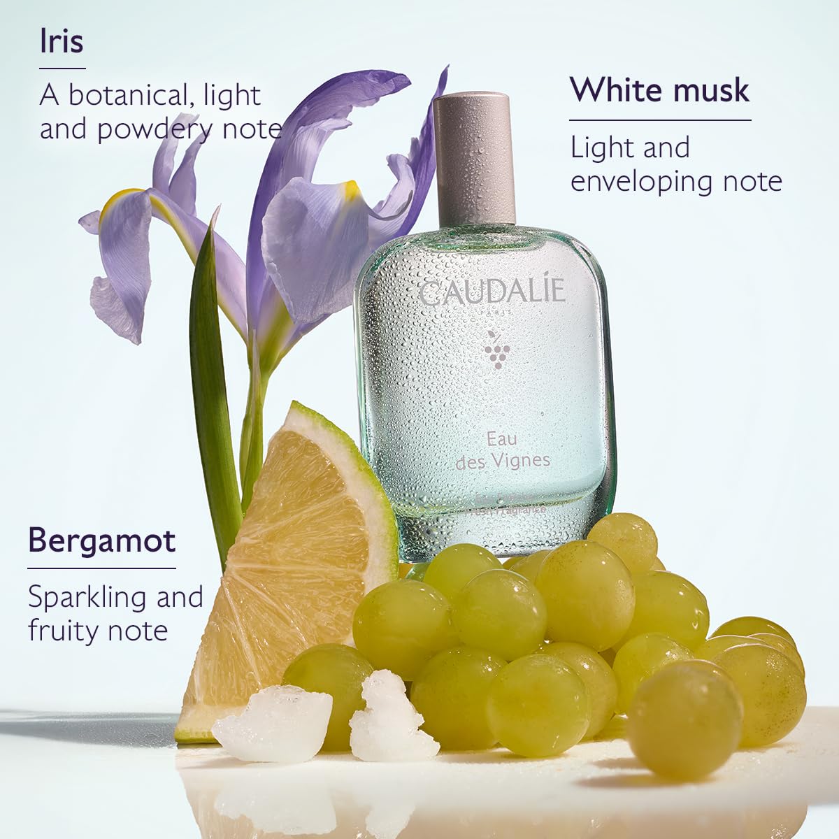 Caudalie Eau des Vignes Fresh Fragrance in garden setting conveying outdoor charm.