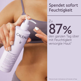 Caudalie Hyaluronic Body Lotion texture being massaged into skin for hydration.