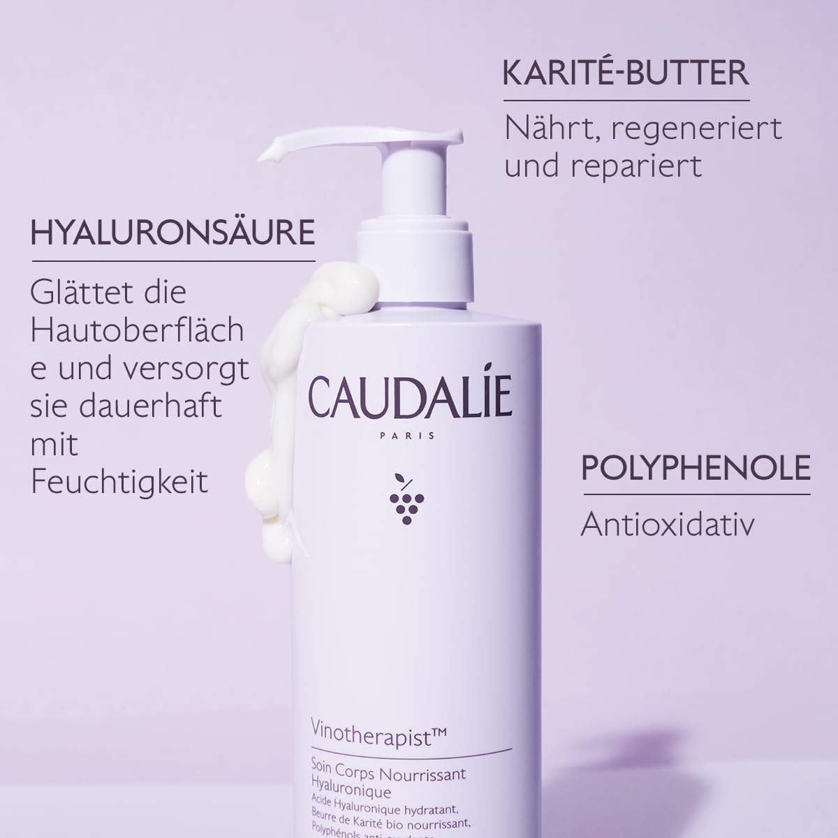 Caudalie lotion swirl on skin—fast-absorbing hydration.