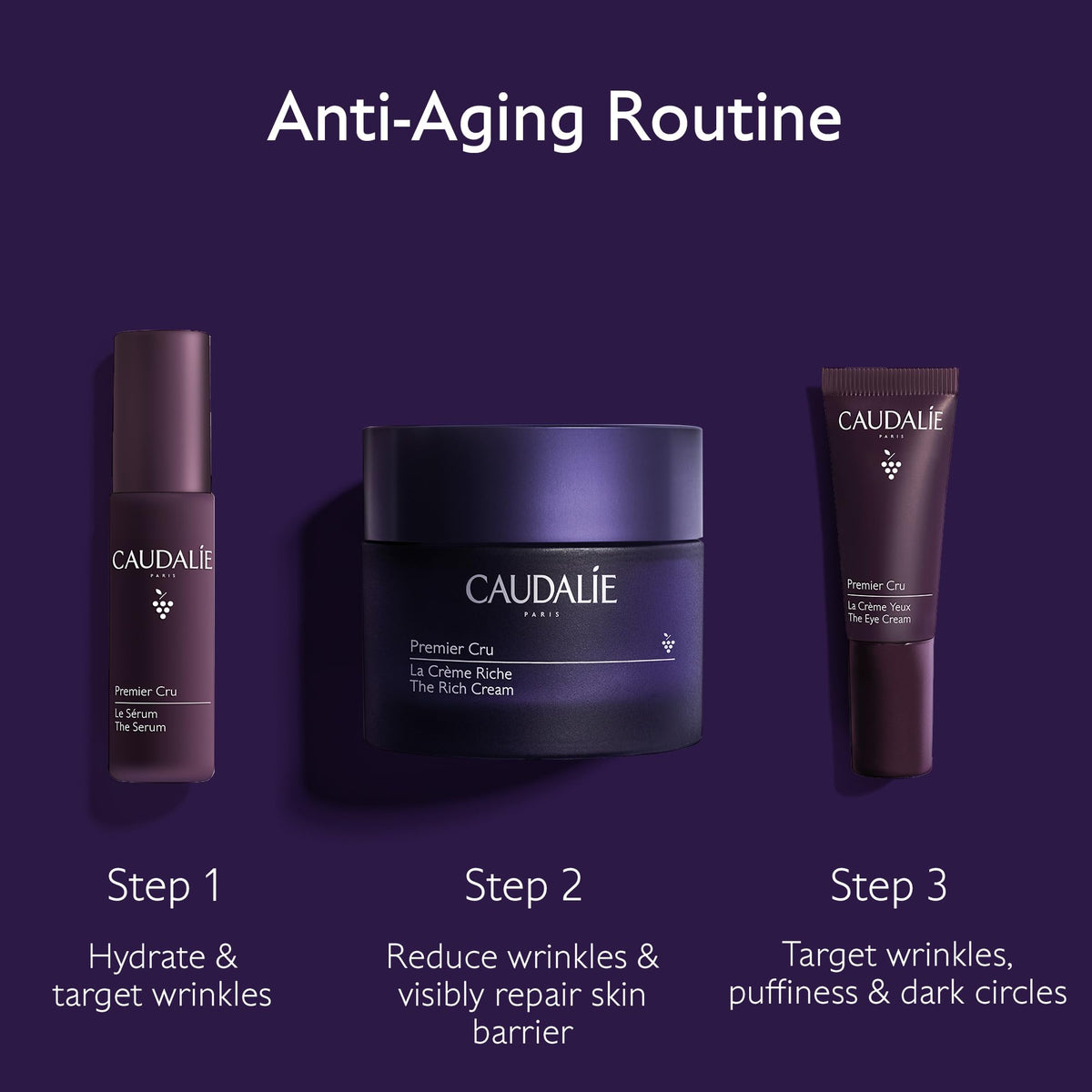Caudalie Premier Cru Anti-Aging Serum bottle highlighting wrinkle smoothing potential.