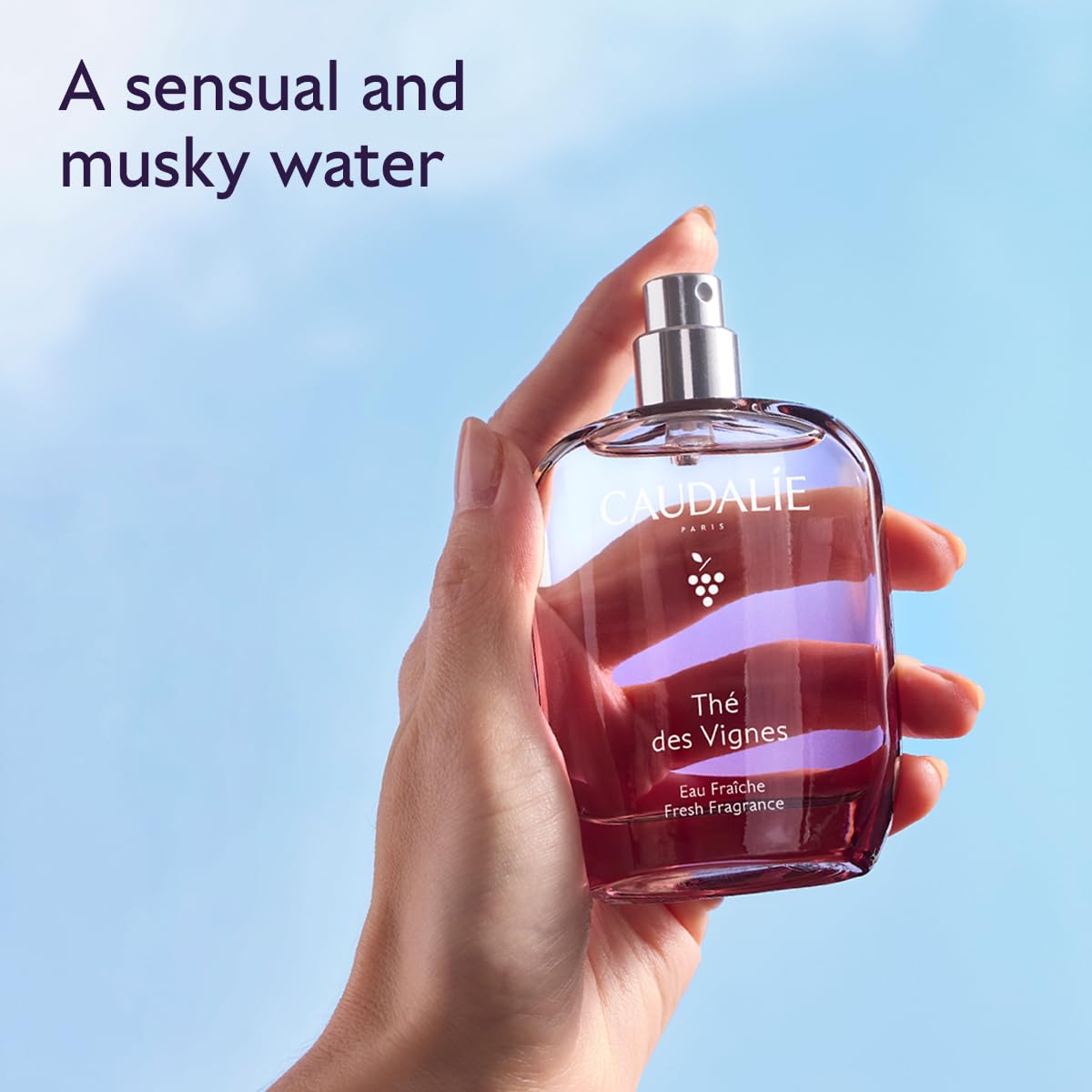 Caudalie Thé des Vignes Fresh Fragrance label closeup highlights the elegant bottle design.