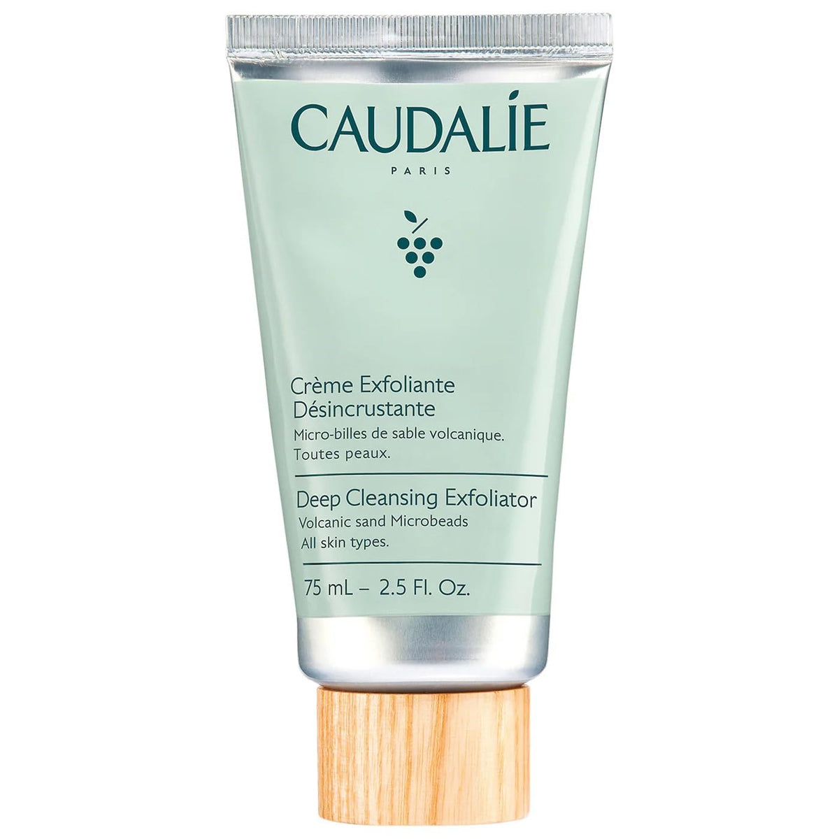Caudalie Vinoclean Deep Cleansing Exfoliator bottle showing gentle exfoliation and refined texture